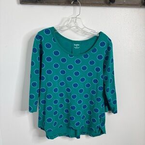 Svaha Organic Cotton Top Women’s Medium Teal Blue Circle Print 3/4 Sleeve‎